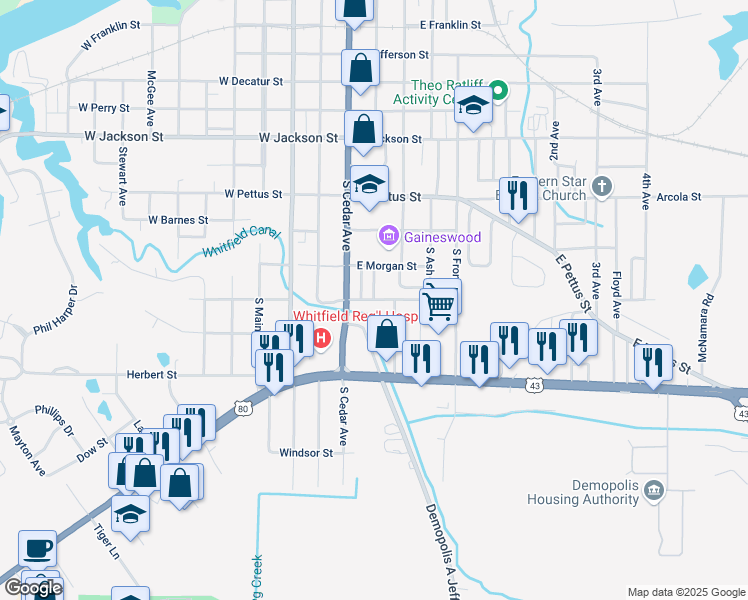 map of restaurants, bars, coffee shops, grocery stores, and more near 601 East Boundary Street in Demopolis
