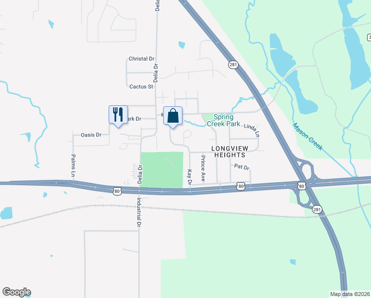 map of restaurants, bars, coffee shops, grocery stores, and more near 601 Kay Drive in Longview
