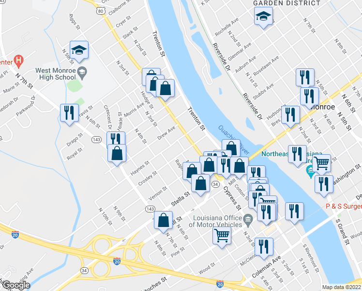 map of restaurants, bars, coffee shops, grocery stores, and more near 901 North 3rd Street in West Monroe