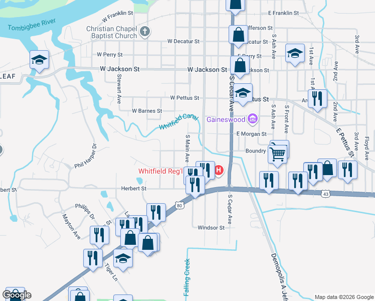 map of restaurants, bars, coffee shops, grocery stores, and more near 201 West Canal Street in Demopolis