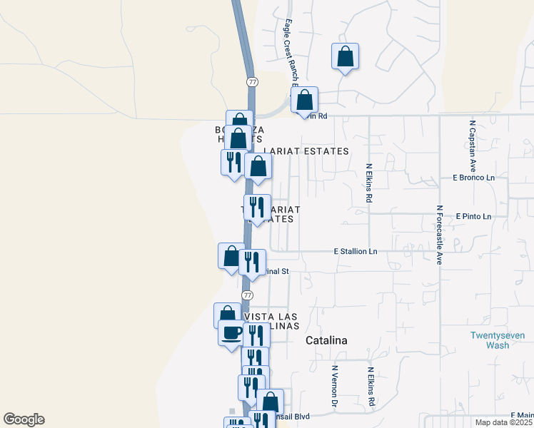 map of restaurants, bars, coffee shops, grocery stores, and more near 16537 North Avenue Del Oro in Tucson