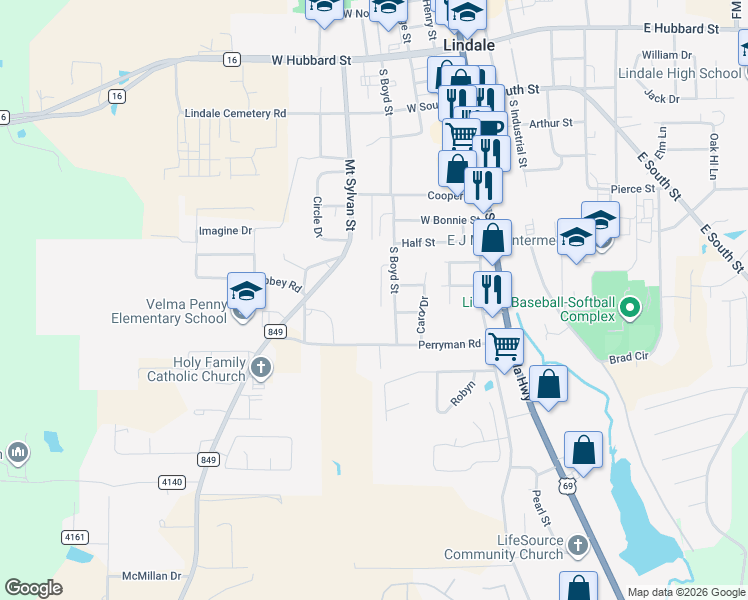 map of restaurants, bars, coffee shops, grocery stores, and more near 1005 Karen Drive in Lindale