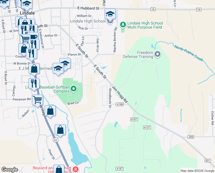 map of restaurants, bars, coffee shops, grocery stores, and more near 1103 Woodlands Park Drive in Lindale