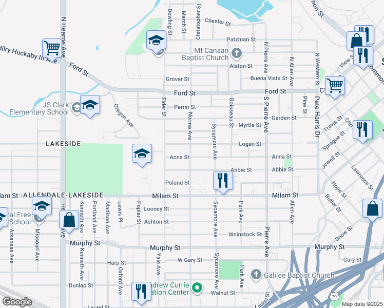 map of restaurants, bars, coffee shops, grocery stores, and more near 1858 Anna Street in Shreveport