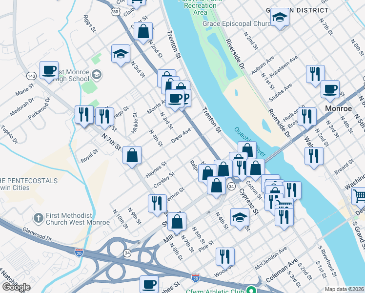 map of restaurants, bars, coffee shops, grocery stores, and more near 1007 North 3rd Street in West Monroe