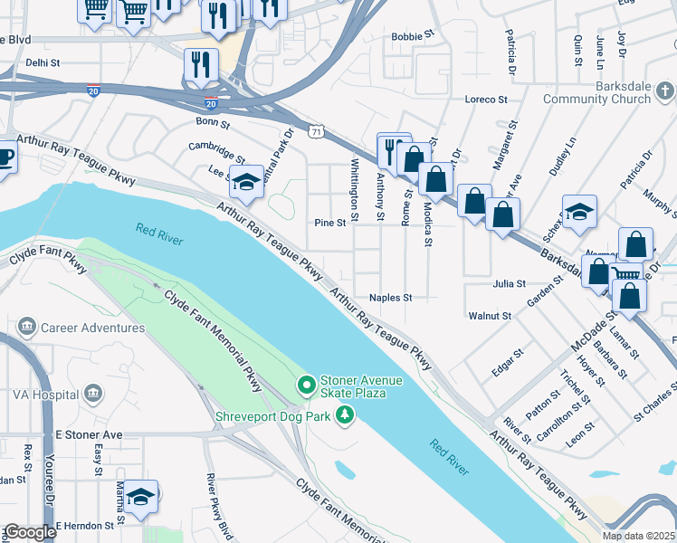 map of restaurants, bars, coffee shops, grocery stores, and more near 2129 Ford Street in Bossier City