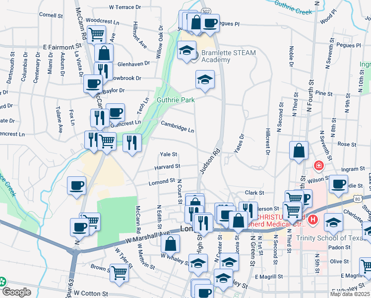 map of restaurants, bars, coffee shops, grocery stores, and more near 206 Oxford Ln in Longview