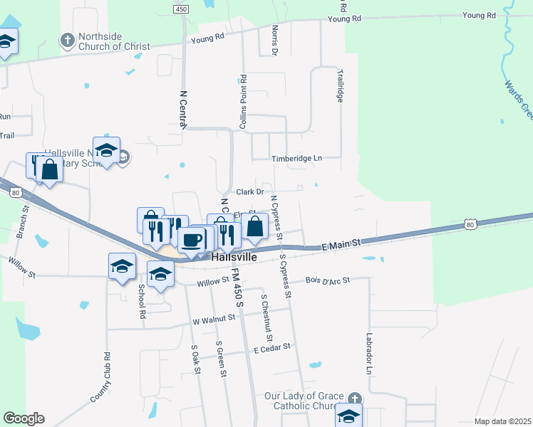 map of restaurants, bars, coffee shops, grocery stores, and more near 202 Elm Street in Hallsville