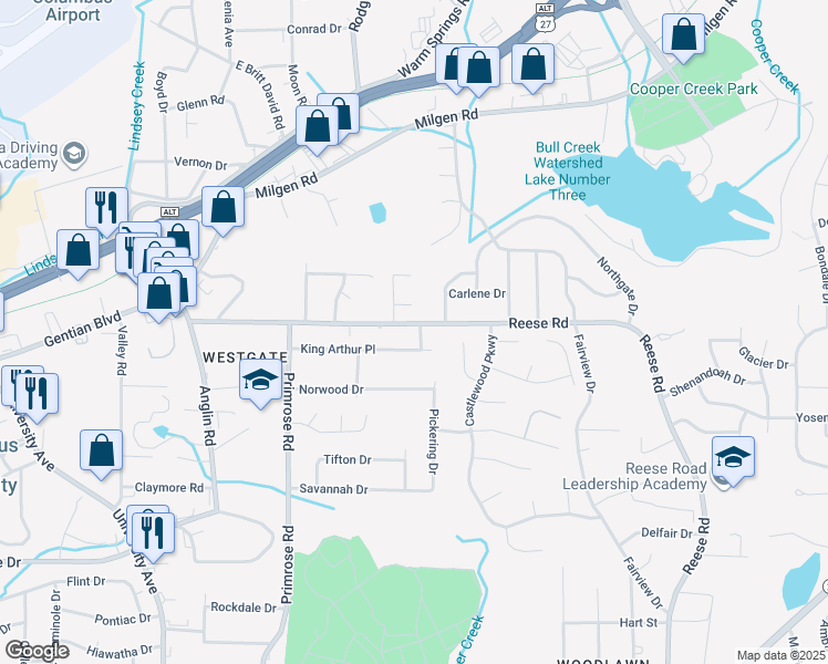 map of restaurants, bars, coffee shops, grocery stores, and more near 4214 Reese Road in Columbus