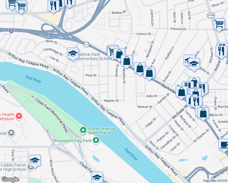 map of restaurants, bars, coffee shops, grocery stores, and more near 701 Rome Street in Bossier City