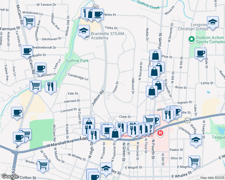 map of restaurants, bars, coffee shops, grocery stores, and more near 1101 Yates Dr in Longview