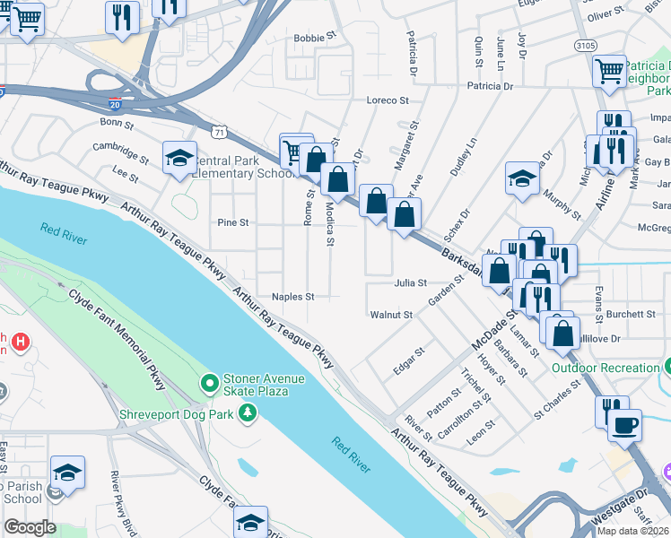 map of restaurants, bars, coffee shops, grocery stores, and more near 820 Modica St in Bossier City