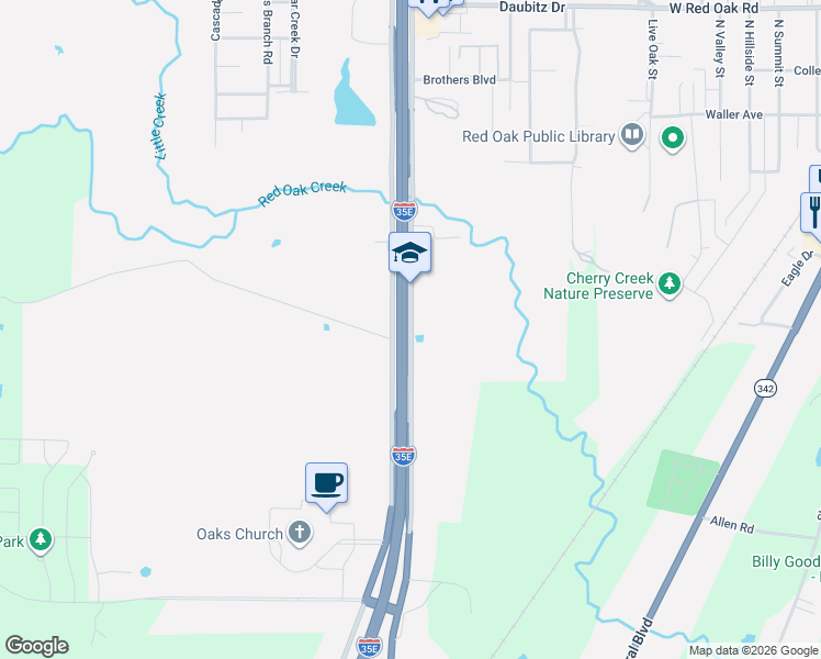 map of restaurants, bars, coffee shops, grocery stores, and more near 507 North Interstate 35 East Service Road in Red Oak