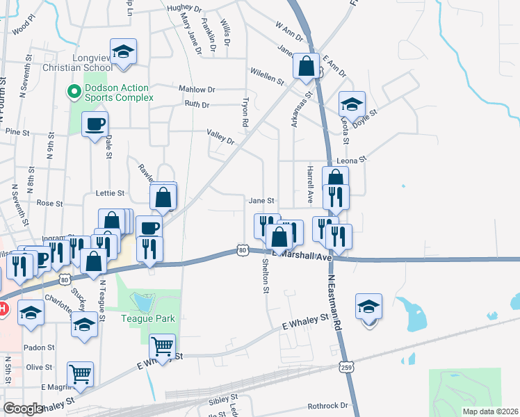 map of restaurants, bars, coffee shops, grocery stores, and more near 529 Louisiana Street in Longview