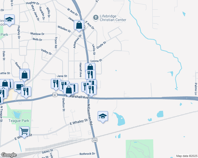 map of restaurants, bars, coffee shops, grocery stores, and more near 115 Pinebrook Place in Longview