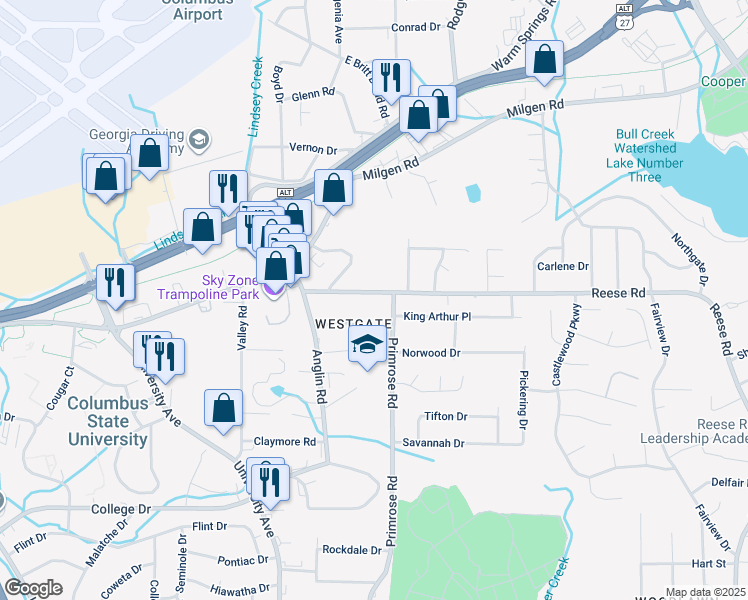 map of restaurants, bars, coffee shops, grocery stores, and more near 3928 Reese Road in Columbus