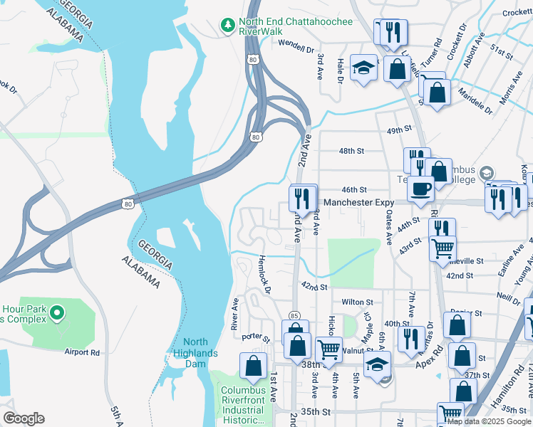 map of restaurants, bars, coffee shops, grocery stores, and more near 32 Woodland Circle in Columbus