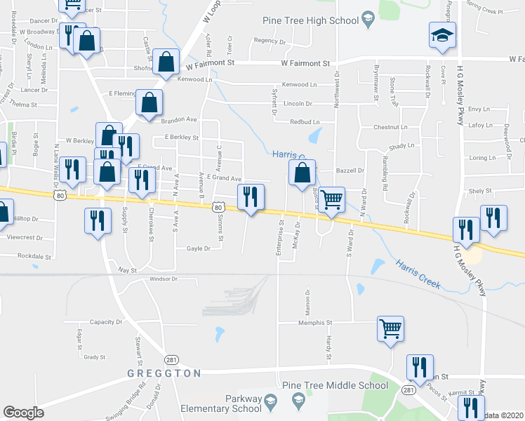 map of restaurants, bars, coffee shops, grocery stores, and more near 2900 West Marshall Avenue in Longview