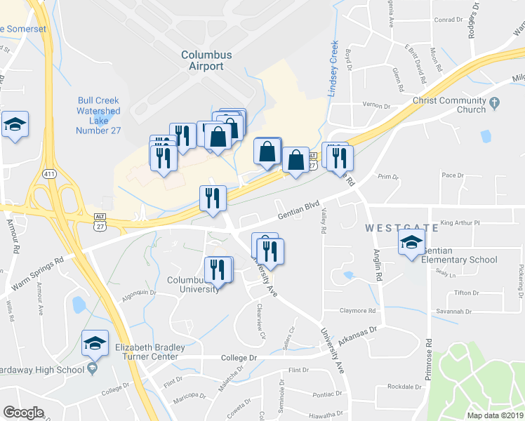 map of restaurants, bars, coffee shops, grocery stores, and more near 3401 Gentian Boulevard in Columbus