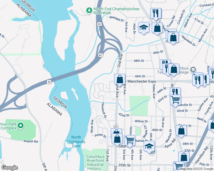 map of restaurants, bars, coffee shops, grocery stores, and more near 32 Woodland Circle in Columbus