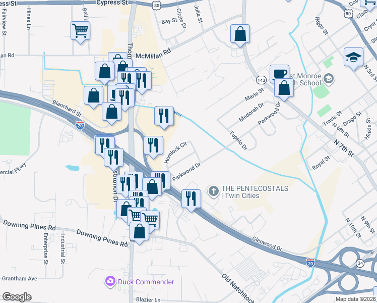 map of restaurants, bars, coffee shops, grocery stores, and more near 102 Teakwood Dr in West Monroe