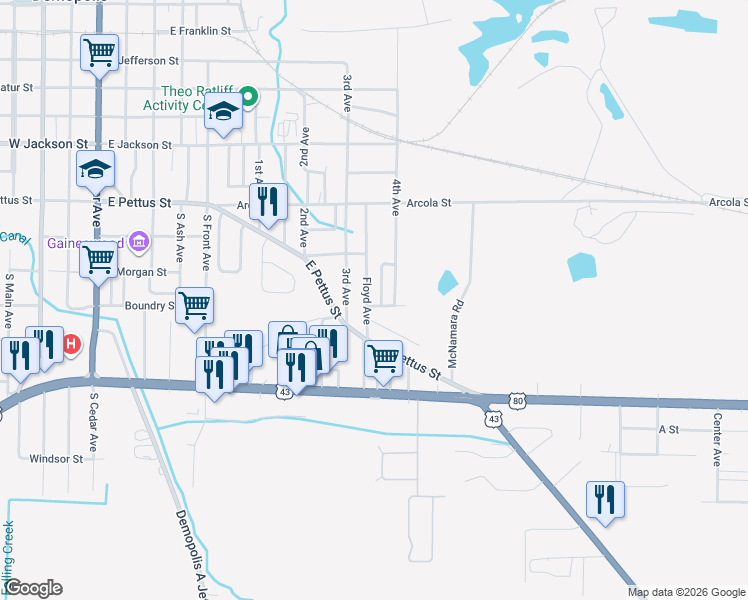 map of restaurants, bars, coffee shops, grocery stores, and more near 911 Floyd Avenue in Demopolis