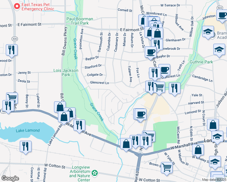 map of restaurants, bars, coffee shops, grocery stores, and more near 1240 Brandywine Drive in Longview