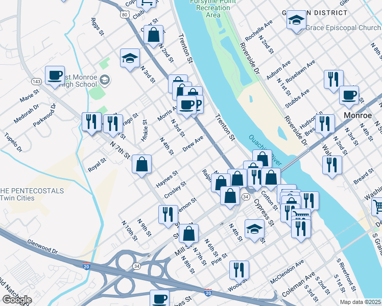 map of restaurants, bars, coffee shops, grocery stores, and more near 1007 N 3rd St in West Monroe