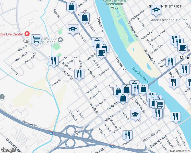 map of restaurants, bars, coffee shops, grocery stores, and more near 320 Drew Avenue in West Monroe