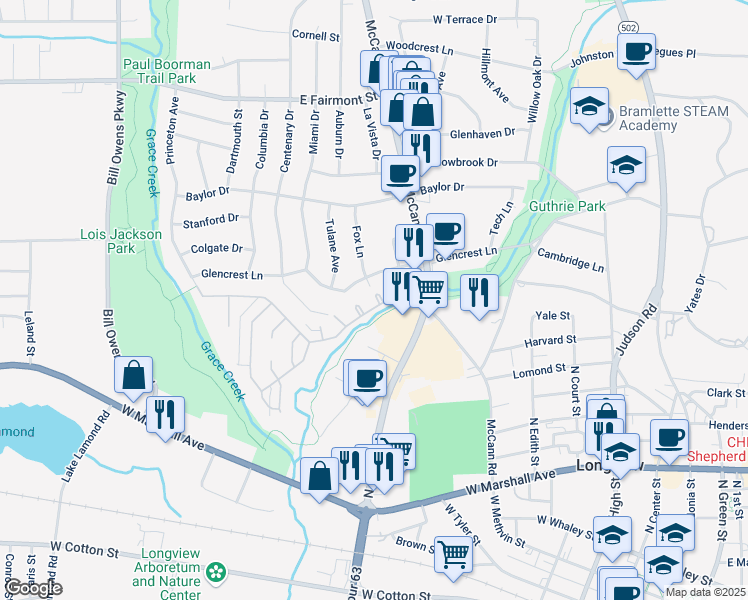 map of restaurants, bars, coffee shops, grocery stores, and more near 6 Bunker Hill Court in Longview