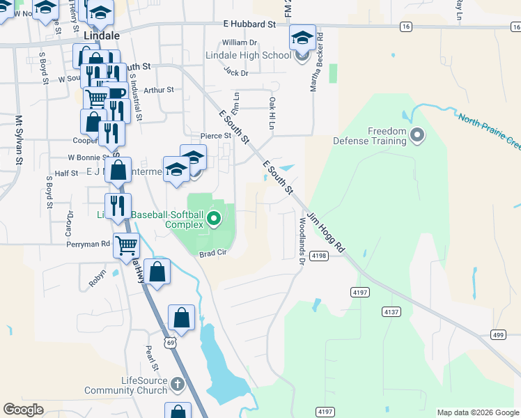 map of restaurants, bars, coffee shops, grocery stores, and more near 102 Summer Woods in Lindale