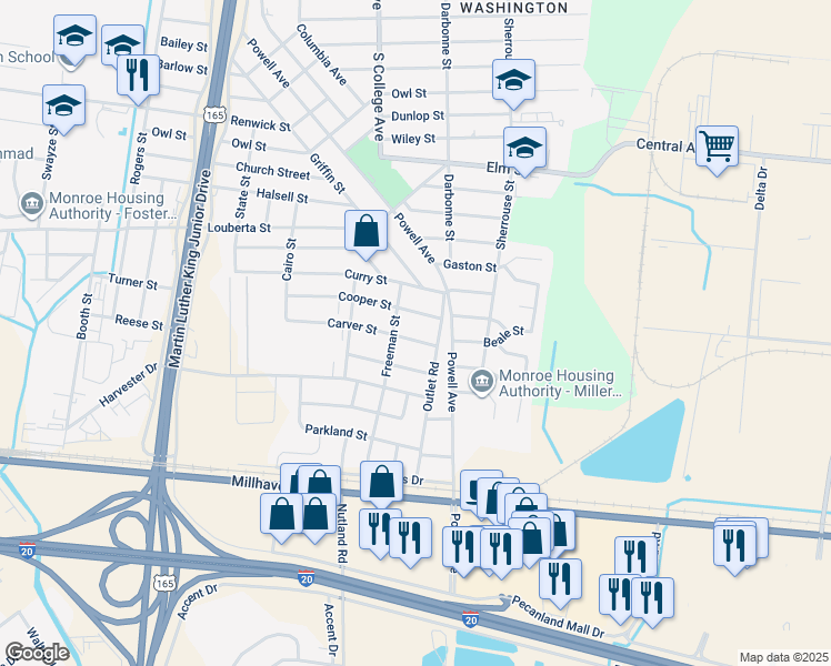 map of restaurants, bars, coffee shops, grocery stores, and more near 3909 Carver St in Monroe