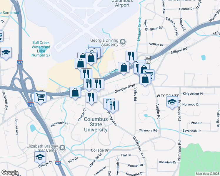map of restaurants, bars, coffee shops, grocery stores, and more near 3401 Gentian Boulevard in Columbus