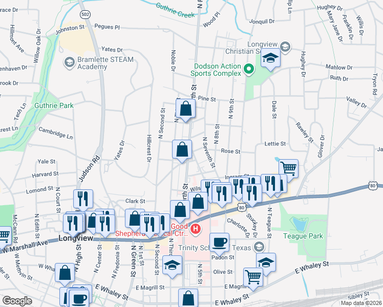 map of restaurants, bars, coffee shops, grocery stores, and more near 900-912 4th Street in Longview
