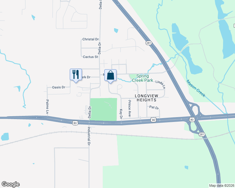 map of restaurants, bars, coffee shops, grocery stores, and more near 699 Kay Drive in Longview