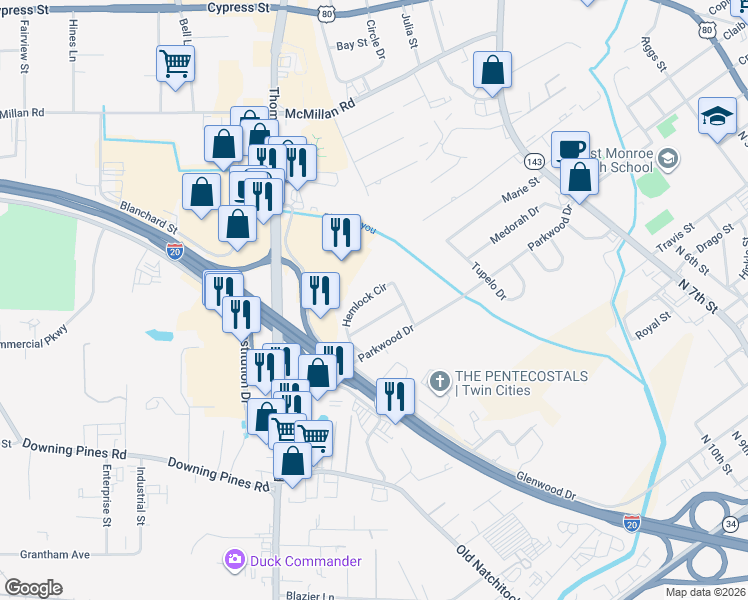 map of restaurants, bars, coffee shops, grocery stores, and more near 102 Teakwood Drive in West Monroe
