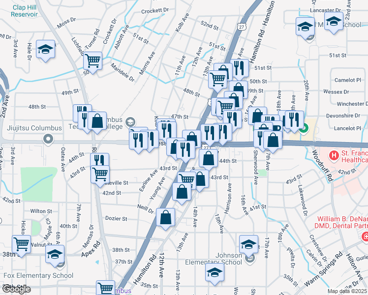 map of restaurants, bars, coffee shops, grocery stores, and more near 4411 Holly Avenue in Columbus