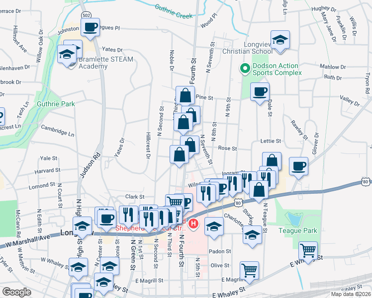 map of restaurants, bars, coffee shops, grocery stores, and more near 900-912 4th Street in Longview