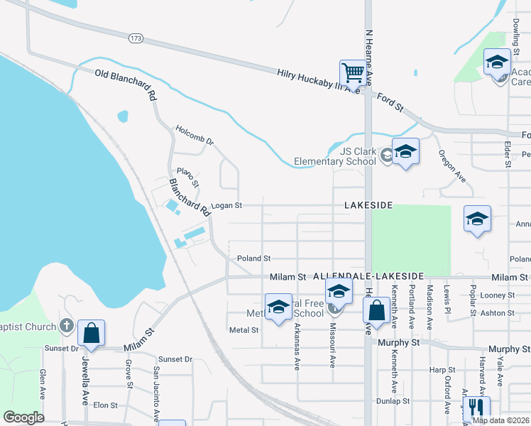 map of restaurants, bars, coffee shops, grocery stores, and more near 511 Alabama Avenue in Shreveport