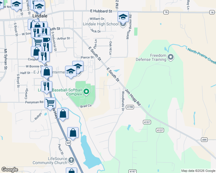 map of restaurants, bars, coffee shops, grocery stores, and more near 102 Summer Woods in Lindale