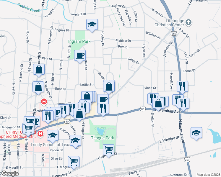 map of restaurants, bars, coffee shops, grocery stores, and more near 511 Glover Drive in Longview