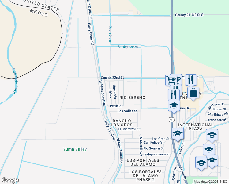map of restaurants, bars, coffee shops, grocery stores, and more near 126-160 Lirios in San Luis