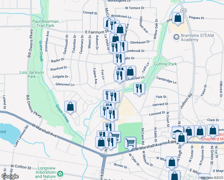 map of restaurants, bars, coffee shops, grocery stores, and more near 6 Bunker Hill Court in Longview
