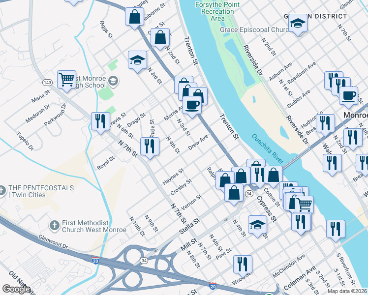 map of restaurants, bars, coffee shops, grocery stores, and more near 320 Drew Avenue in West Monroe