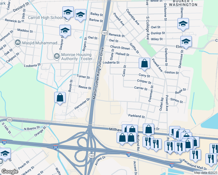 map of restaurants, bars, coffee shops, grocery stores, and more near 3401 Harvester Dr in Monroe