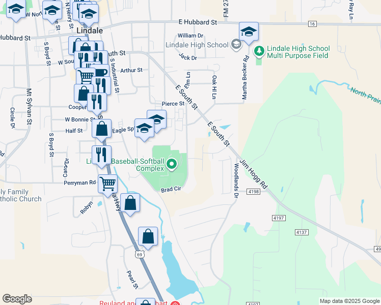 map of restaurants, bars, coffee shops, grocery stores, and more near 1004 Brad Circle in Lindale