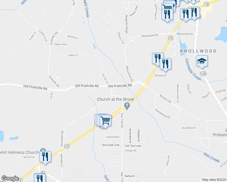 map of restaurants, bars, coffee shops, grocery stores, and more near 269 Old Prattville Road in Millbrook