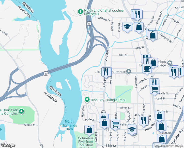 map of restaurants, bars, coffee shops, grocery stores, and more near 32 Woodland Circle in Columbus