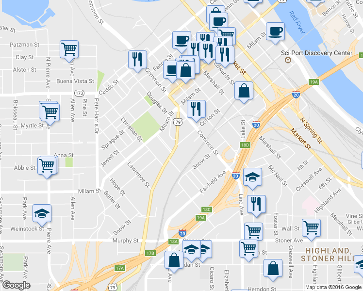 map of restaurants, bars, coffee shops, grocery stores, and more near 875 Cotton Street in Shreveport