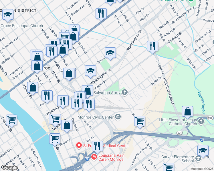 map of restaurants, bars, coffee shops, grocery stores, and more near 1001 Desiard Street in Monroe